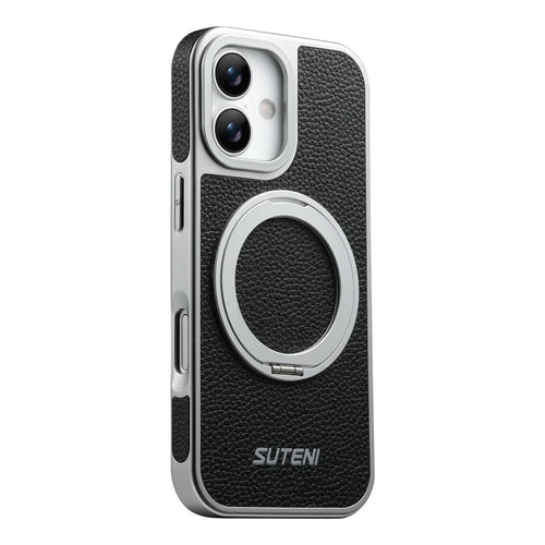 SUTENI G6 for iPhone 17 Magnetic Case Rotating Kickstand Electroplating Litchi Texture Leather Back Cover - Black - 1