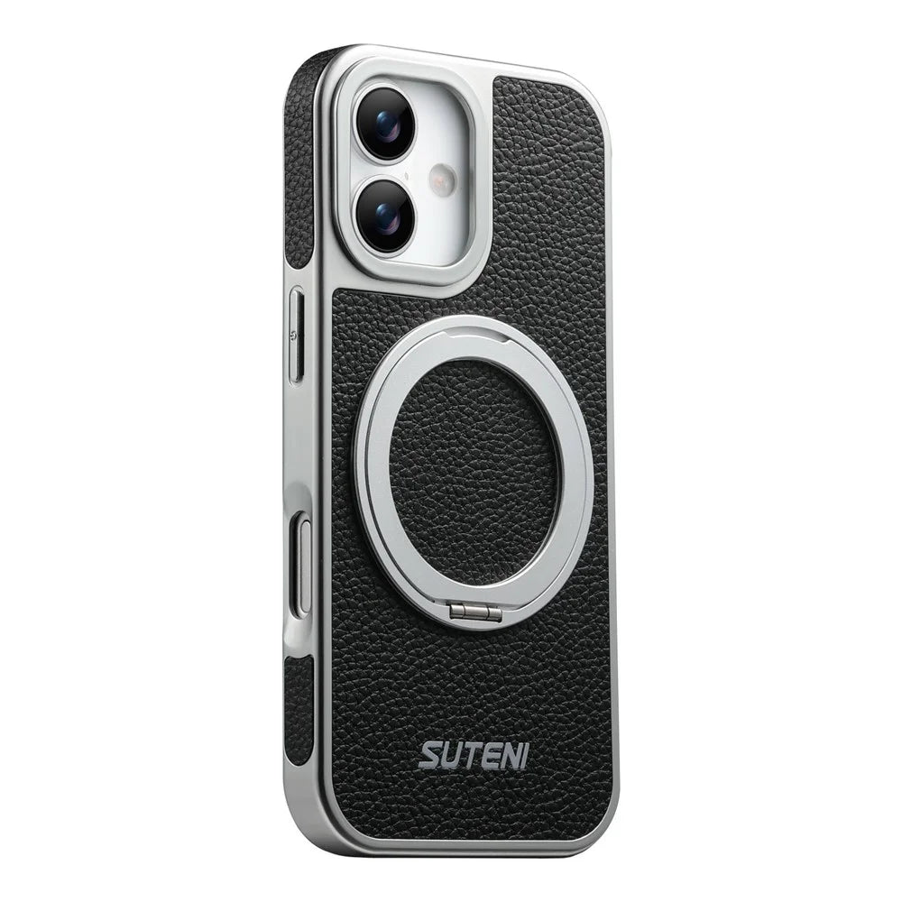 SUTENI G6 for iPhone 17 Magnetic Case Rotating Kickstand Electroplating Litchi Texture Leather Back Cover - Black - 1
