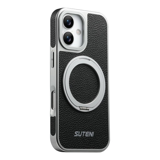 SUTENI G6 for iPhone 17 Magnetic Case Rotating Kickstand Electroplating Litchi Texture Leather Back Cover - Black - 1