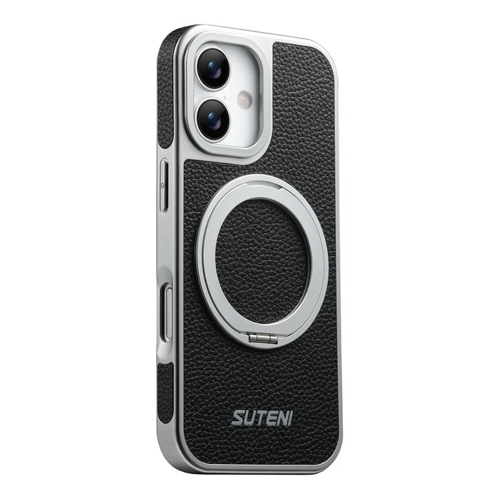 SUTENI G6 for iPhone 17 Magnetic Case Rotating Kickstand Electroplating Litchi Texture Leather Back Cover - Black - 1