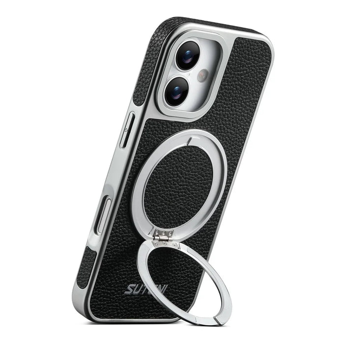 SUTENI G6 for iPhone 17 Magnetic Case Rotating Kickstand Electroplating Litchi Texture Leather Back Cover - Black - 2
