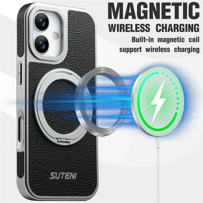 SUTENI G6 for iPhone 17 Magnetic Case Rotating Kickstand Electroplating Litchi Texture Leather Back Cover - Black - 3
