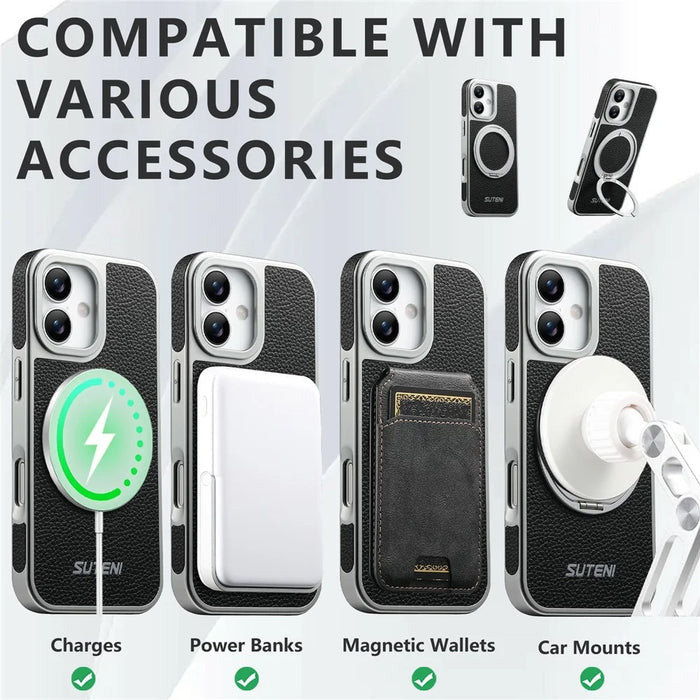 SUTENI G6 for iPhone 17 Magnetic Case Rotating Kickstand Electroplating Litchi Texture Leather Back Cover - Black - 4