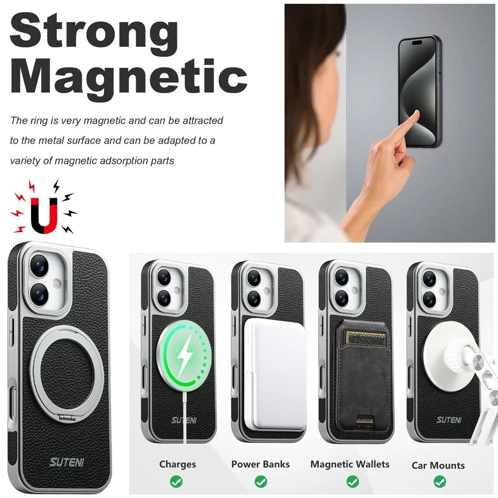 SUTENI G6 for iPhone 17 Magnetic Case Rotating Kickstand Electroplating Litchi Texture Leather Back Cover - Black - 5