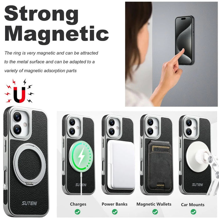 SUTENI G6 for iPhone 17 Magnetic Case Rotating Kickstand Electroplating Litchi Texture Leather Back Cover - Black - 5