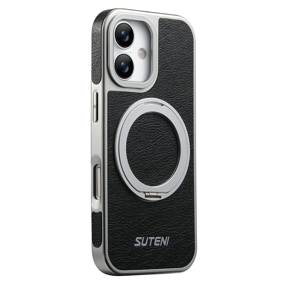 SUTENI G6 for iPhone 17 Magnetic Case Rotating Kickstand Electroplating Crazy Horse Texture Leather Back Cover - Black - 1