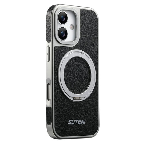 SUTENI G6 for iPhone 17 Magnetic Case Rotating Kickstand Electroplating Crazy Horse Texture Leather Back Cover - Black - 1