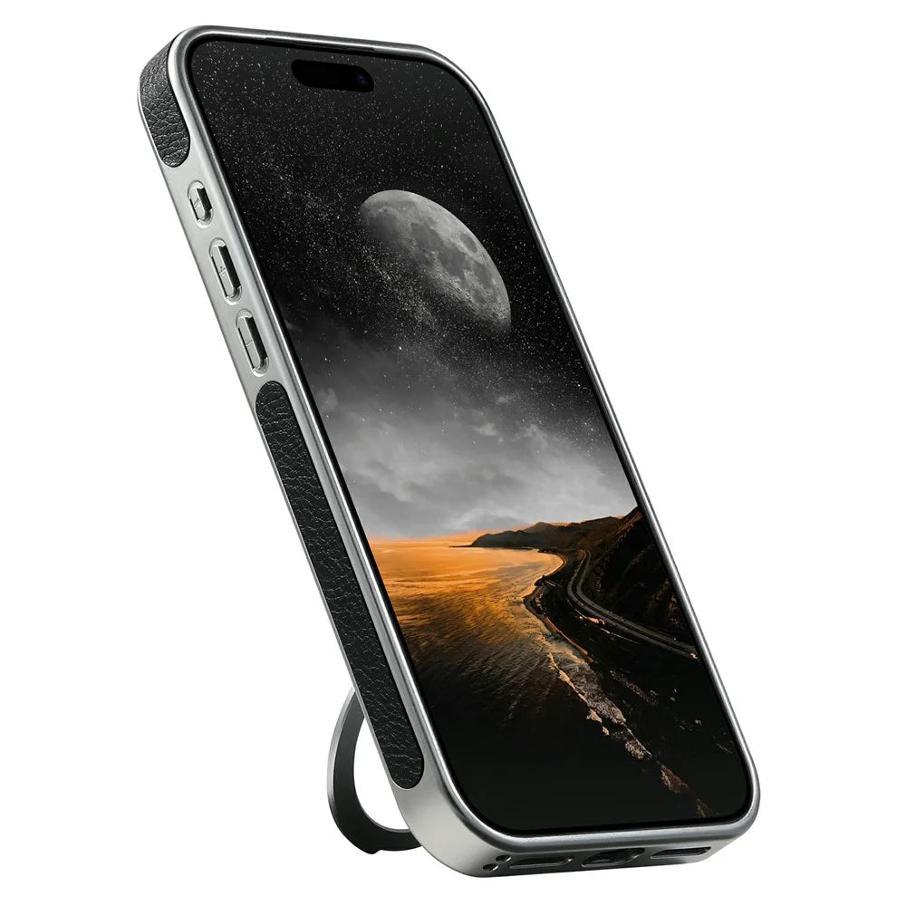 SUTENI G6 for iPhone 17 Magnetic Case Rotating Kickstand Electroplating Crazy Horse Texture Leather Back Cover - Black - 2