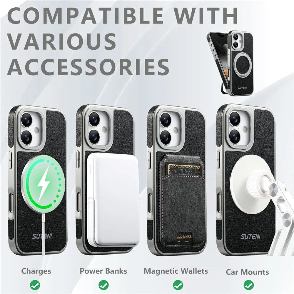 SUTENI G6 for iPhone 17 Magnetic Case Rotating Kickstand Electroplating Crazy Horse Texture Leather Back Cover - Black - 4