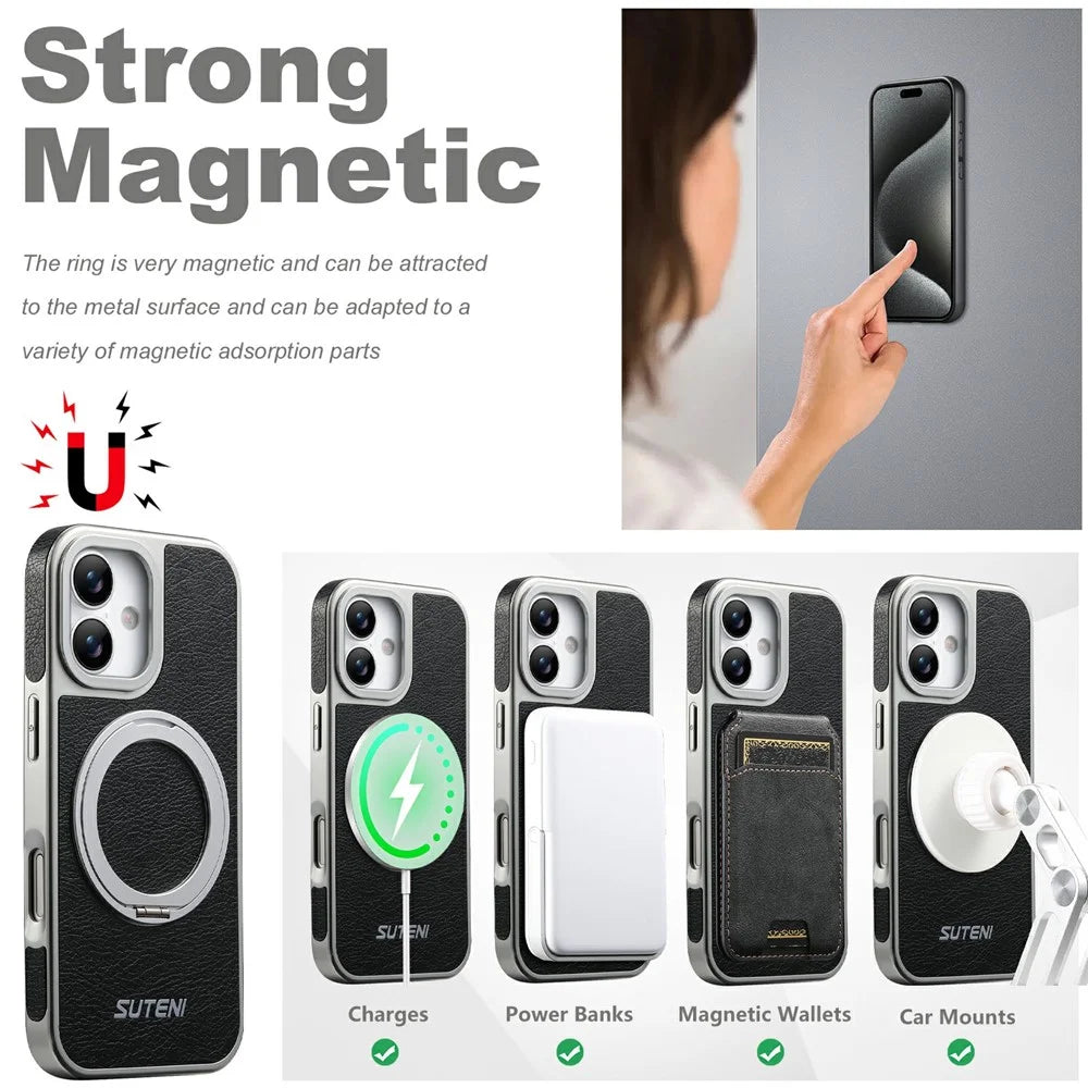 SUTENI G6 for iPhone 17 Magnetic Case Rotating Kickstand Electroplating Crazy Horse Texture Leather Back Cover - Black - 6