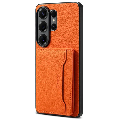 DENIOR D30 For Samsung Galaxy S25 Ultra Magnetic Case Detachable Card Holder Kickstand Litchi Texture Leather Back Phone Cover - Orange - 1