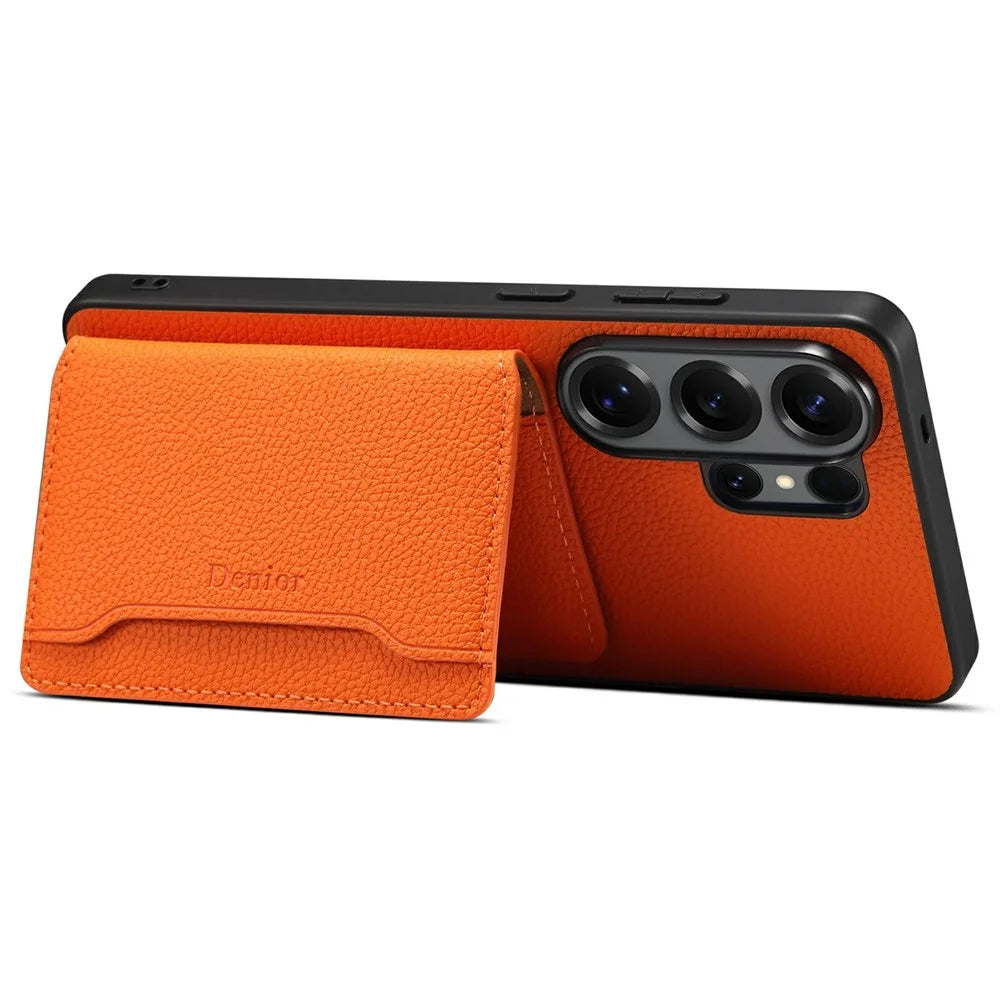 DENIOR D30 For Samsung Galaxy S25 Ultra Magnetic Case Detachable Card Holder Kickstand Litchi Texture Leather Back Phone Cover - Orange - 3