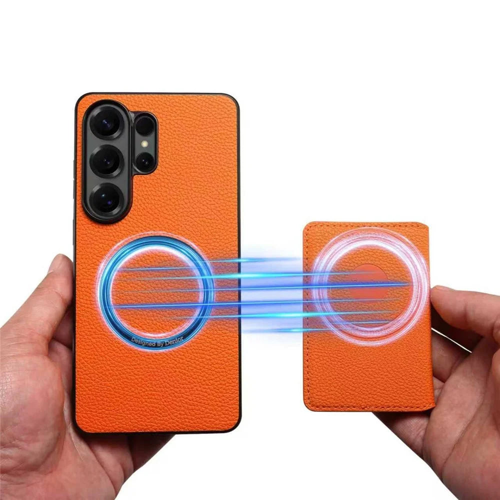 DENIOR D30 For Samsung Galaxy S25 Ultra Magnetic Case Detachable Card Holder Kickstand Litchi Texture Leather Back Phone Cover - Orange - 6