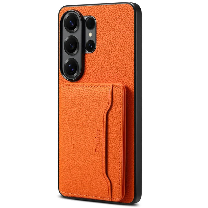 DENIOR D30 For Samsung Galaxy S26 Ultra Magnetic Case Detachable Card Holder Kickstand Litchi Texture Leather Back Phone Cover - Orange - 1