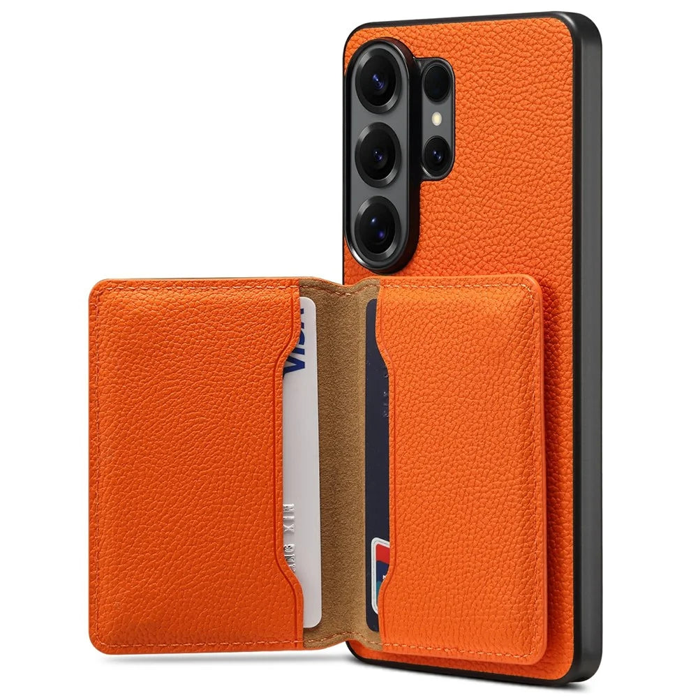 DENIOR D30 For Samsung Galaxy S26 Ultra Magnetic Case Detachable Card Holder Kickstand Litchi Texture Leather Back Phone Cover - Orange - 2