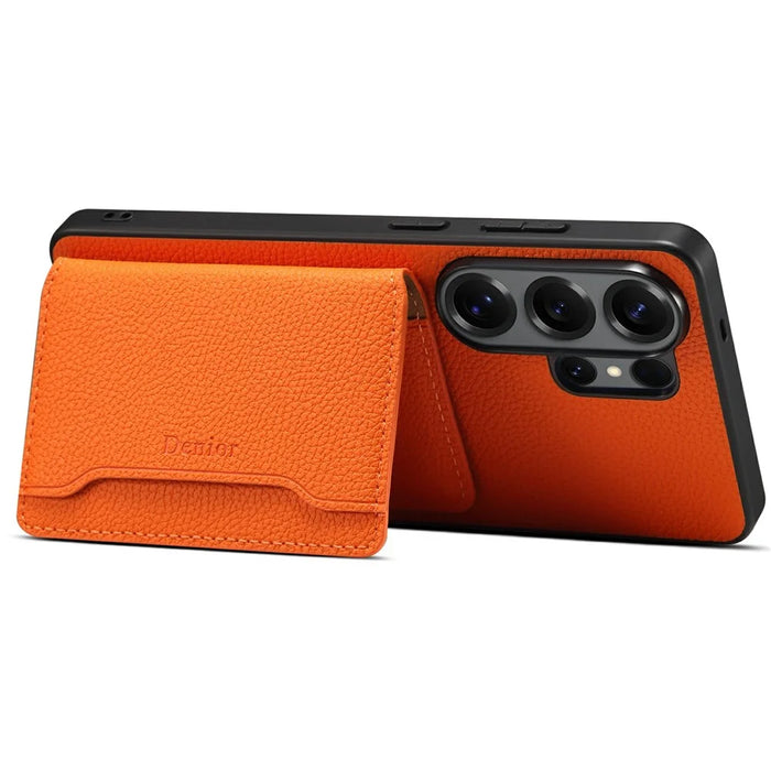 DENIOR D30 For Samsung Galaxy S26 Ultra Magnetic Case Detachable Card Holder Kickstand Litchi Texture Leather Back Phone Cover - Orange - 3