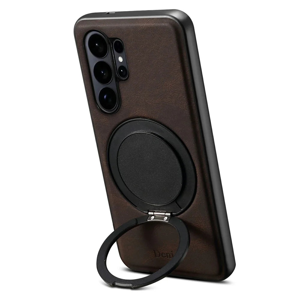 DENIOR A14 For Samsung Galaxy S25 Ultra Magnetic Case Rotary Kickstand Leather PC TPU Phone Cover - Brown - 3