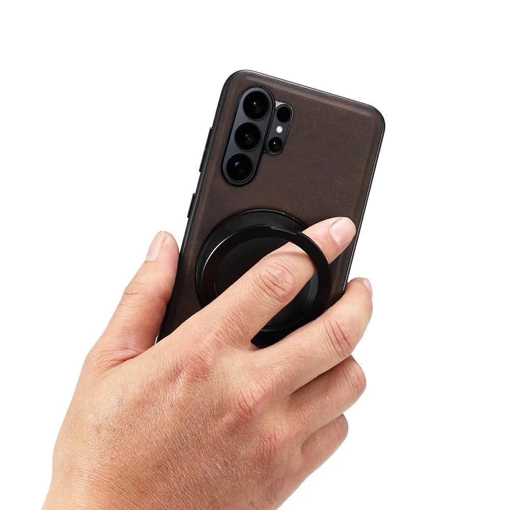 DENIOR A14 For Samsung Galaxy S25 Ultra Magnetic Case Rotary Kickstand Leather PC TPU Phone Cover - Brown - 4