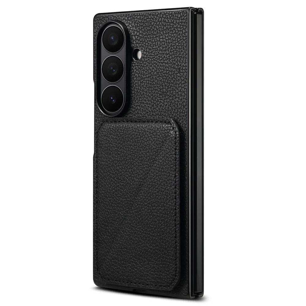 For Samsung Galaxy Z Fold7 5G Case Card Holder Kickstand Calf Textured Leather + PC + TPU Phone Cover - Black - 1