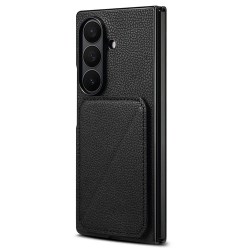 For Samsung Galaxy Z Fold7 5G Case Card Holder Kickstand Calf Textured Leather + PC + TPU Phone Cover - Black - 1