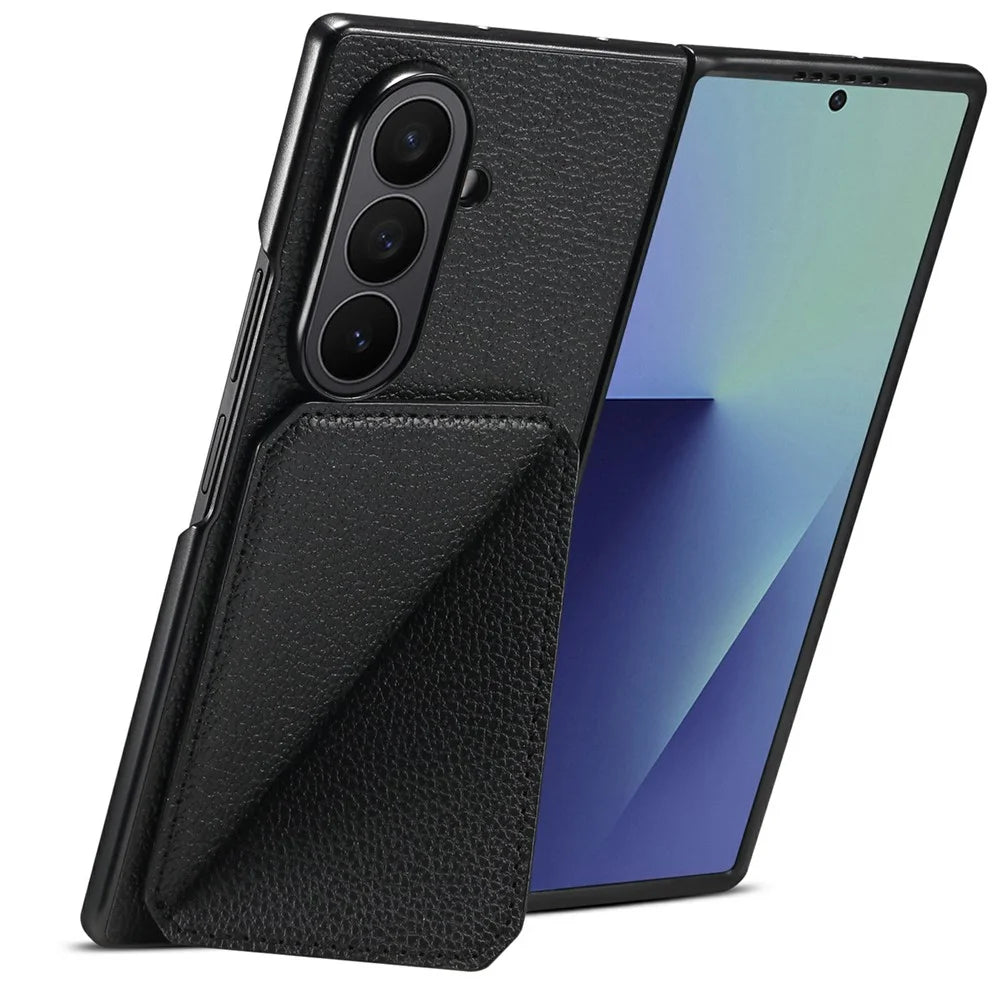 For Samsung Galaxy Z Fold7 5G Case Card Holder Kickstand Calf Textured Leather + PC + TPU Phone Cover - Black - 2