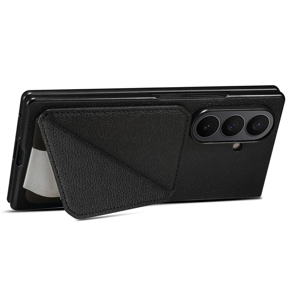 For Samsung Galaxy Z Fold7 5G Case Card Holder Kickstand Calf Textured Leather + PC + TPU Phone Cover - Black - 3