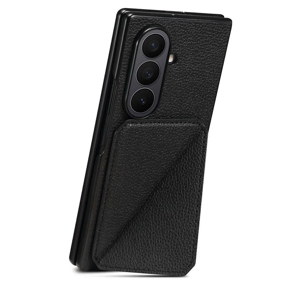 For Samsung Galaxy Z Fold7 5G Case Card Holder Kickstand Calf Textured Leather + PC + TPU Phone Cover - Black - 4