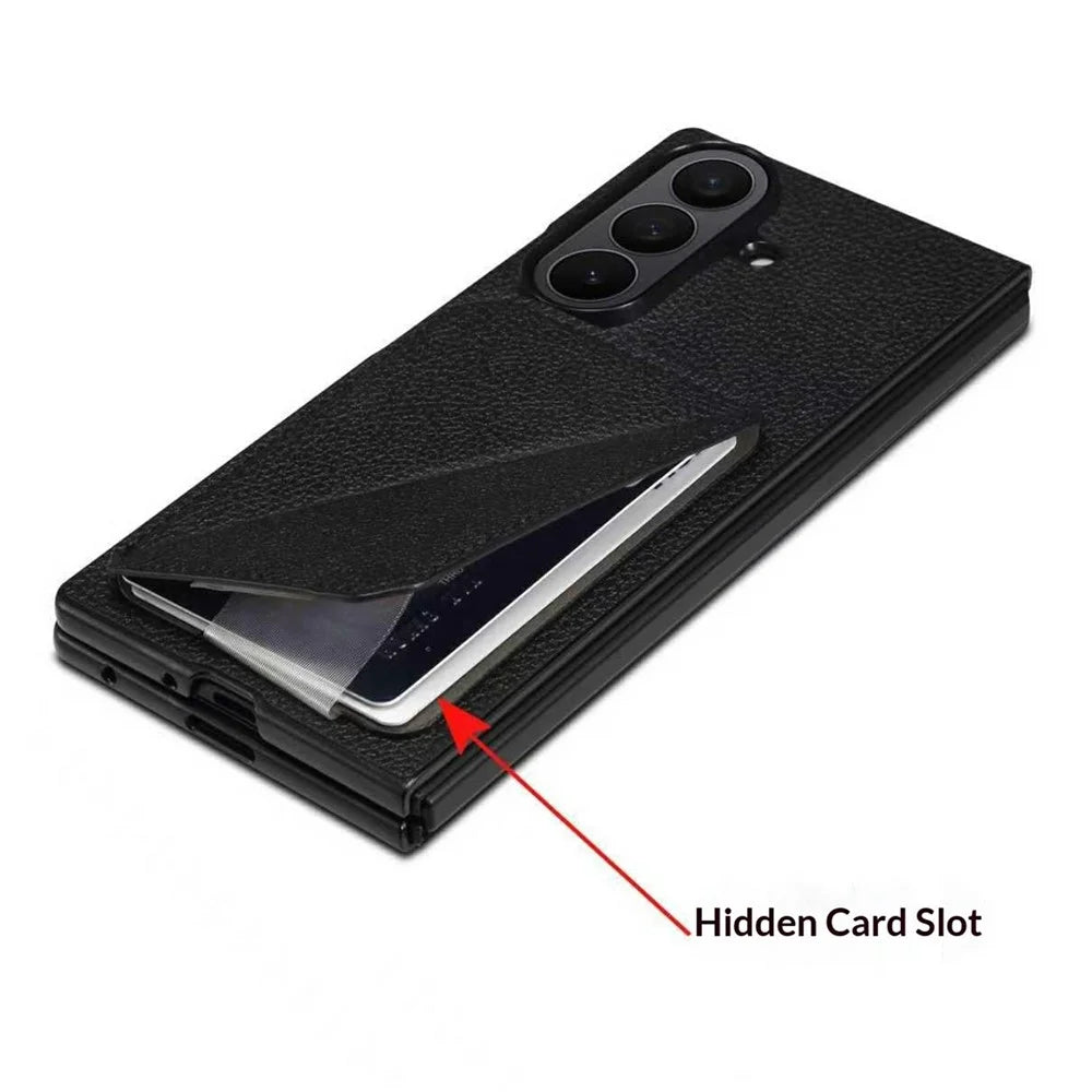 For Samsung Galaxy Z Fold7 5G Case Card Holder Kickstand Calf Textured Leather + PC + TPU Phone Cover - Black - 5