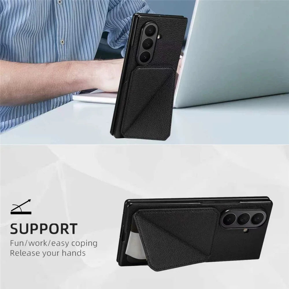 For Samsung Galaxy Z Fold7 5G Case Card Holder Kickstand Calf Textured Leather + PC + TPU Phone Cover - Black - 6