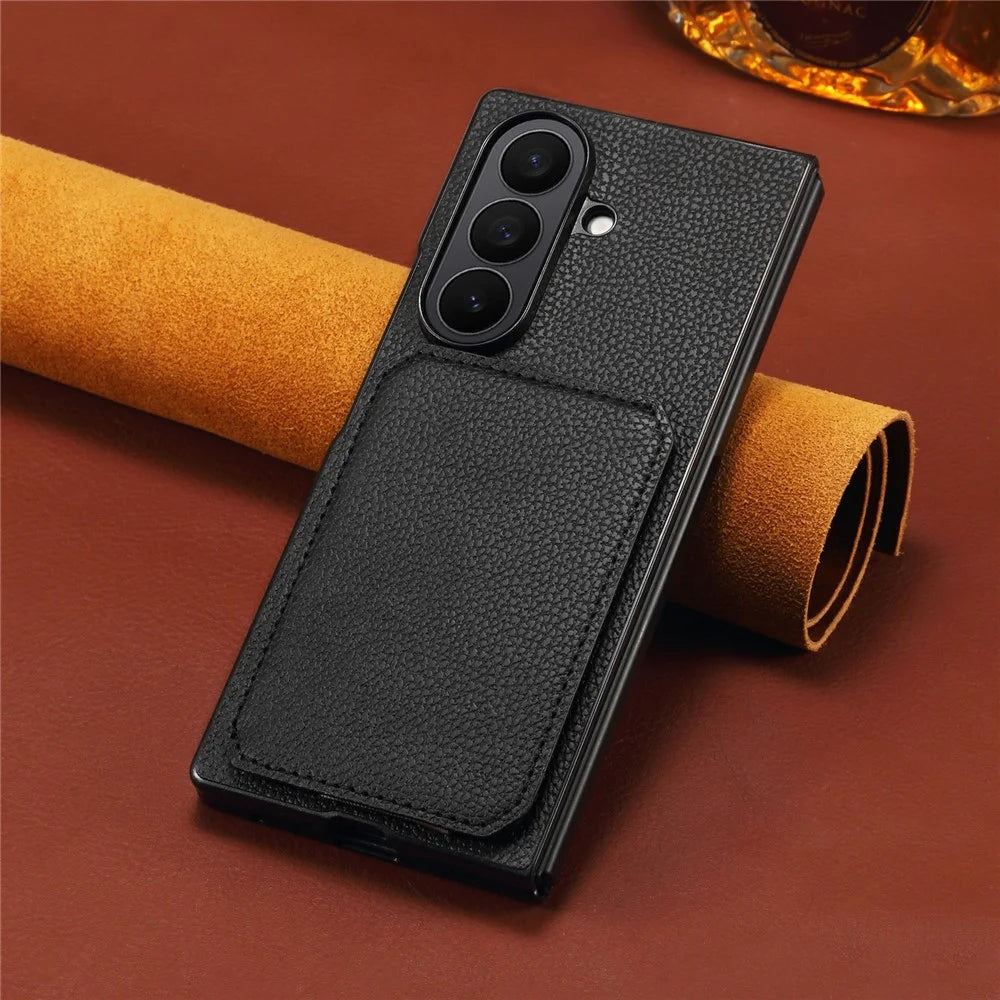 For Samsung Galaxy Z Fold7 5G Case Card Holder Kickstand Calf Textured Leather + PC + TPU Phone Cover - Black - 7