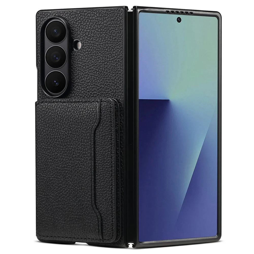 For Samsung Galaxy Z Fold7 5G Case with Card Slots Kickstand Calf Texture Leather Phone Back Cover - Black - 1