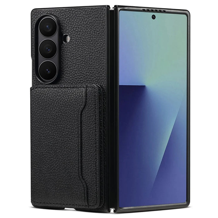 For Samsung Galaxy Z Fold7 5G Case with Card Slots Kickstand Calf Texture Leather Phone Back Cover - Black - 1