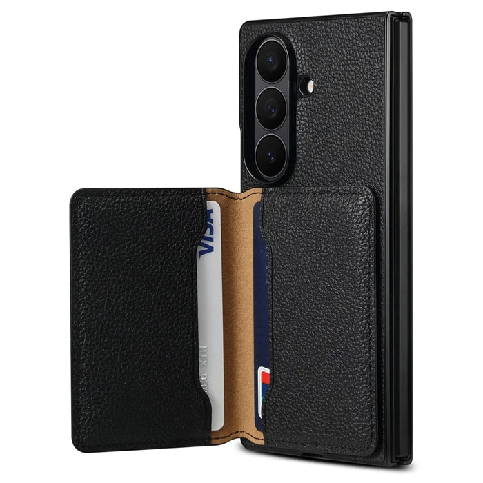 For Samsung Galaxy Z Fold7 5G Case with Card Slots Kickstand Calf Texture Leather Phone Back Cover - Black - 2