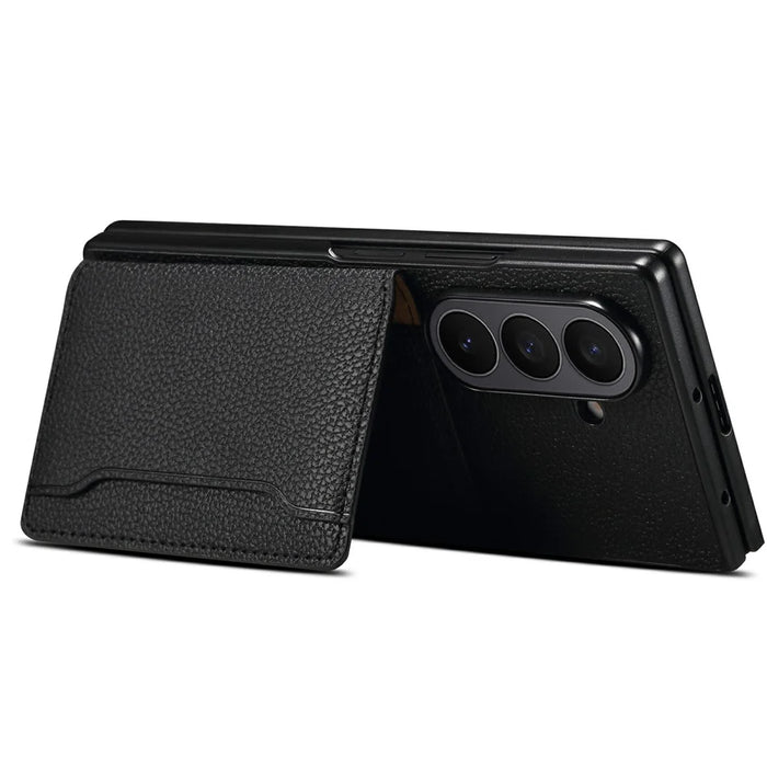 For Samsung Galaxy Z Fold7 5G Case with Card Slots Kickstand Calf Texture Leather Phone Back Cover - Black - 3