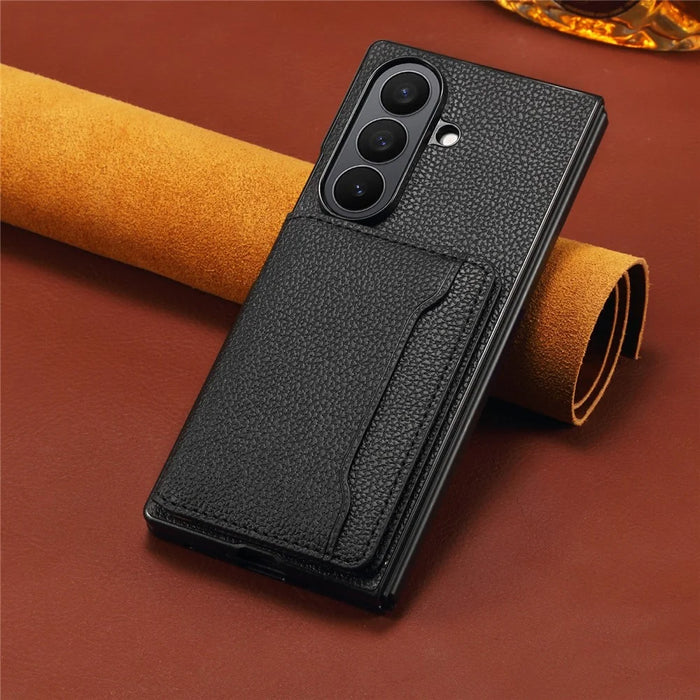 For Samsung Galaxy Z Fold7 5G Case with Card Slots Kickstand Calf Texture Leather Phone Back Cover - Black - 5