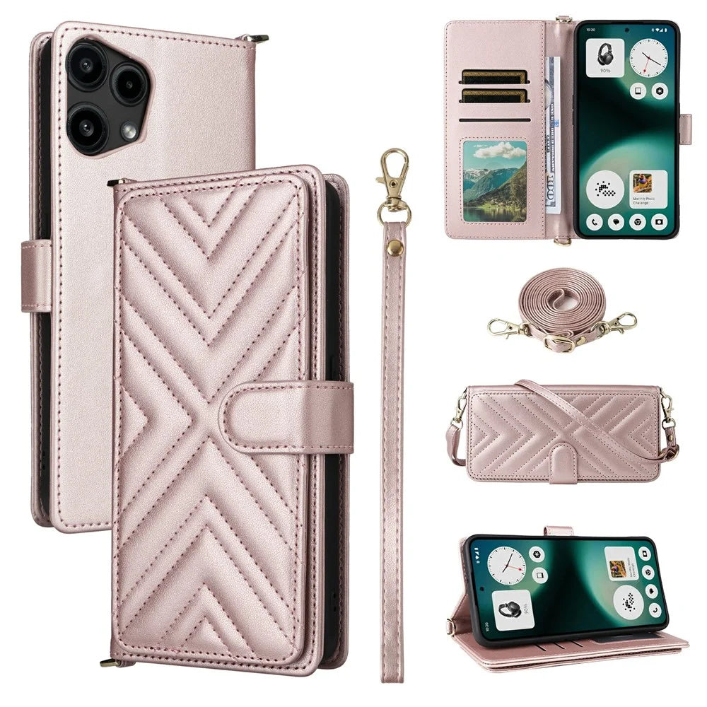 For Nothing Phone (3a) Lite 5G Leather Case Stand Wallet Phone Cover with Shoulder / Wrist Strap - Pink - 1