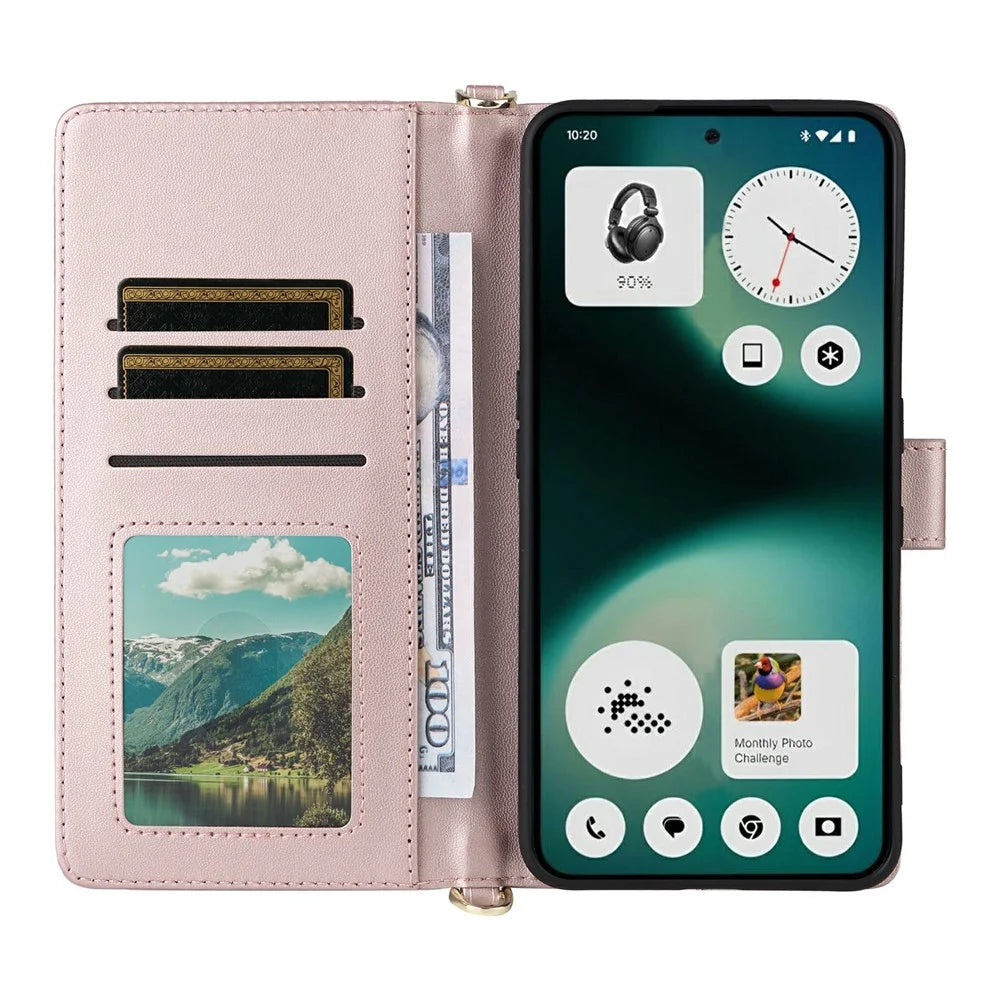 For Nothing Phone (3a) Lite 5G Leather Case Stand Wallet Phone Cover with Shoulder / Wrist Strap - Pink - 2