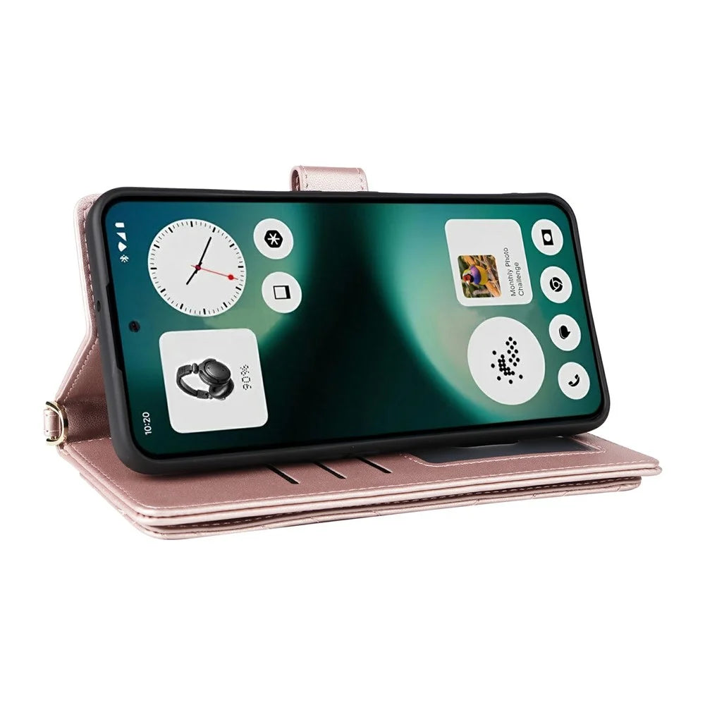 For Nothing Phone (3a) Lite 5G Leather Case Stand Wallet Phone Cover with Shoulder / Wrist Strap - Pink - 4