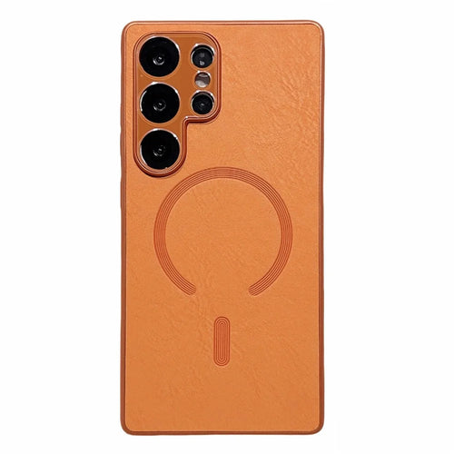 For Samsung Galaxy S25 Ultra Magnetic Case Leather Coated PC + TPU Phone Cover - Orange - 1