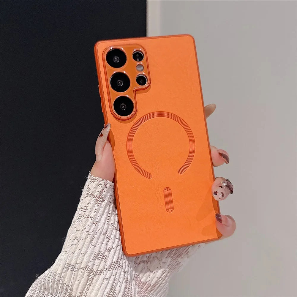 For Samsung Galaxy S25 Ultra Magnetic Case Leather Coated PC + TPU Phone Cover - Orange - 2