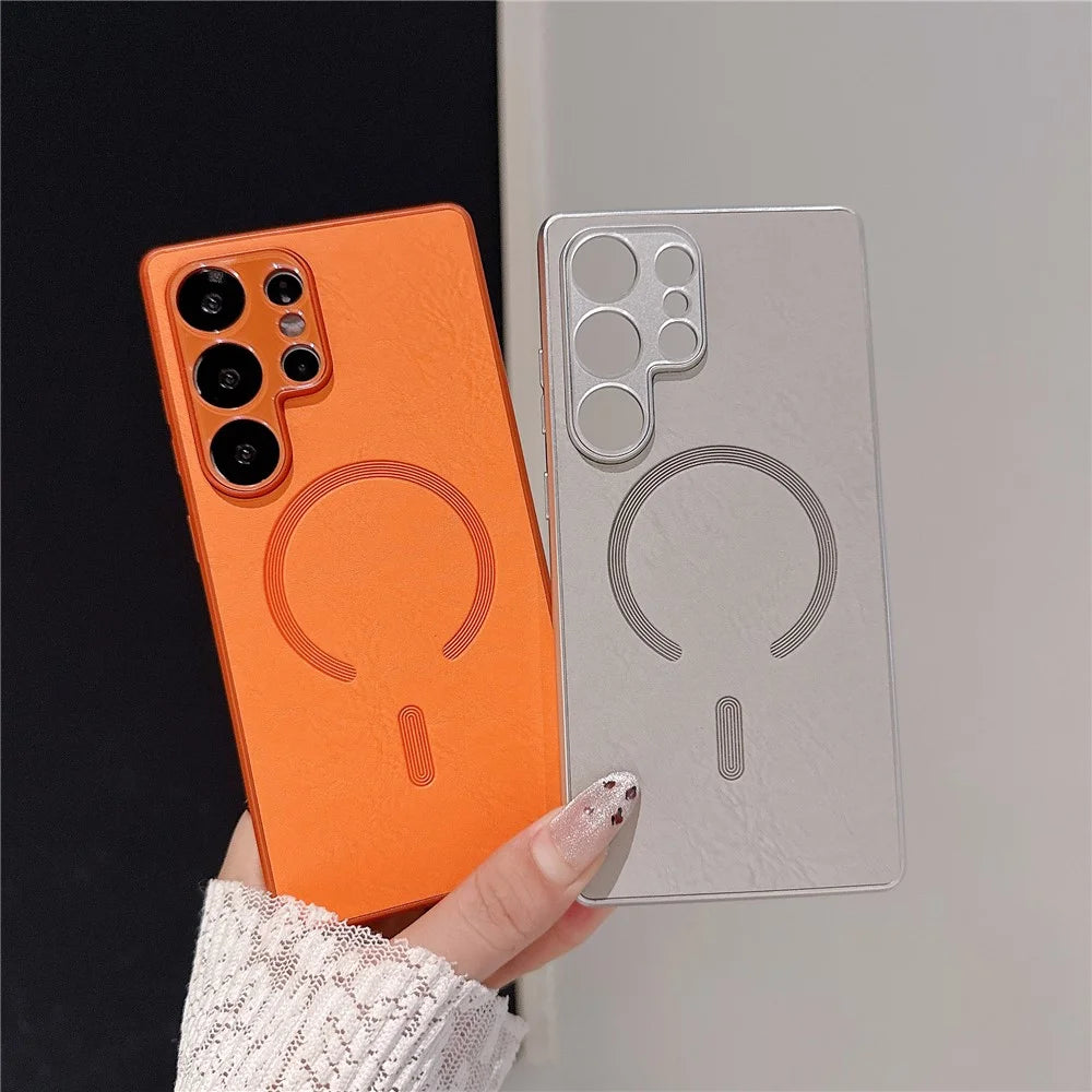 For Samsung Galaxy S25 Ultra Magnetic Case Leather Coated PC + TPU Phone Cover - Orange - 3