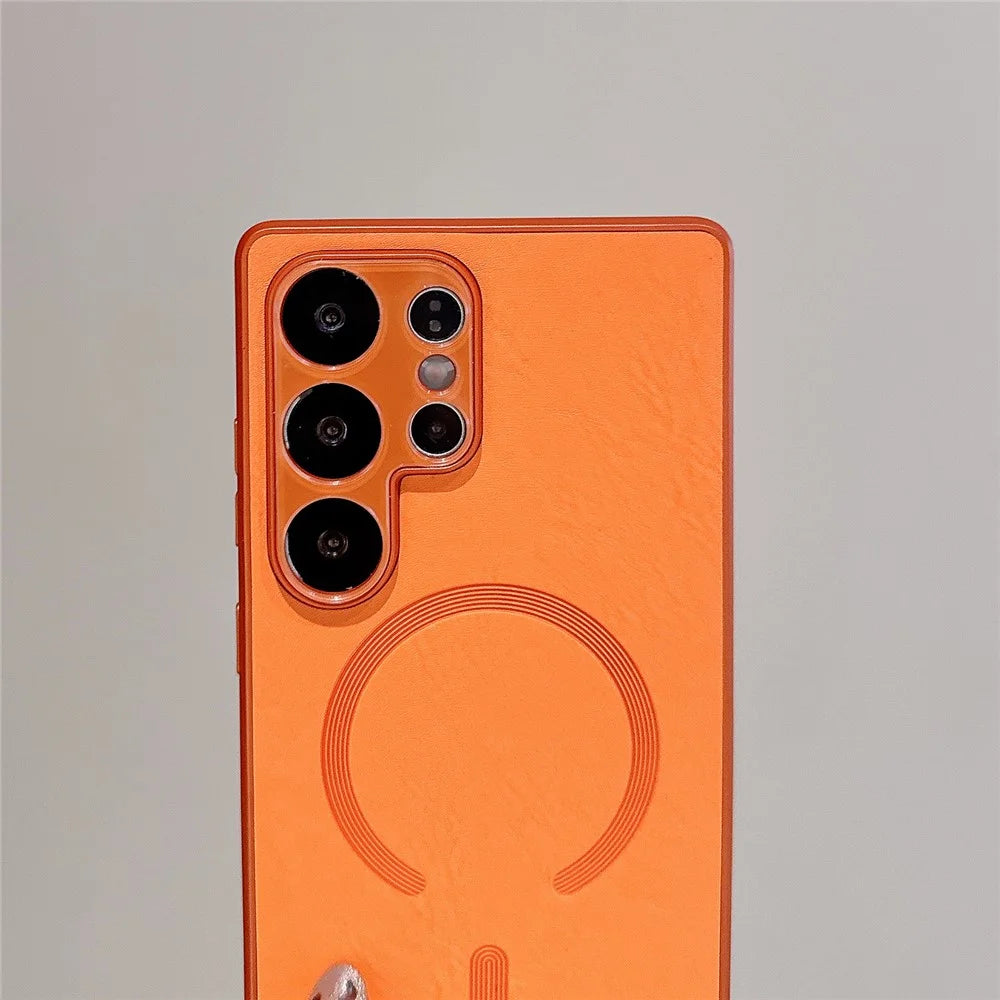For Samsung Galaxy S25 Ultra Magnetic Case Leather Coated PC + TPU Phone Cover - Orange - 4