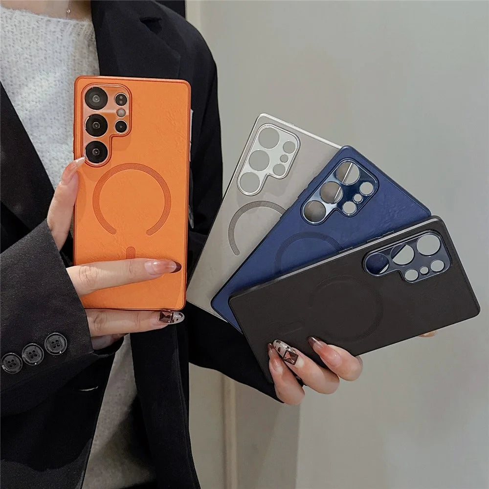 For Samsung Galaxy S25 Ultra Magnetic Case Leather Coated PC + TPU Phone Cover - Orange - 7