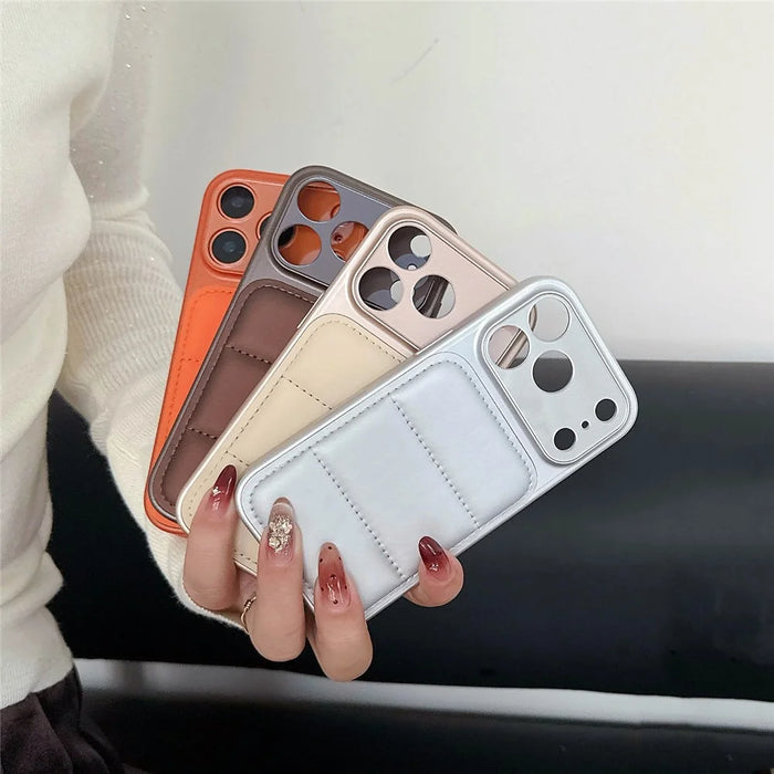 For iPhone 17 Pro Case Down Jacket Design Skin-touch PU Leather Coated PC + TPU Phone Cover - Orange - 7