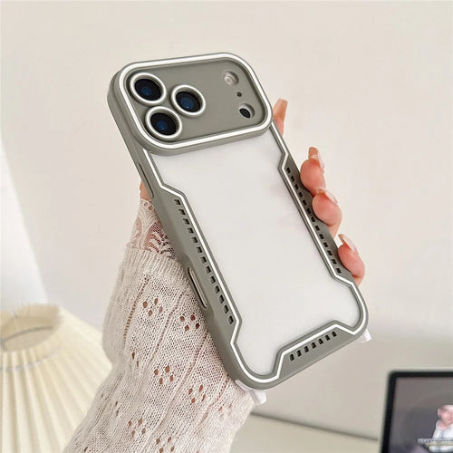 For iPhone 17 Pro Case Contrast Color Epoxy PC + TPU Phone Cover with Wrist Strap and 6 Detachable Corner Guards - Grey - 1