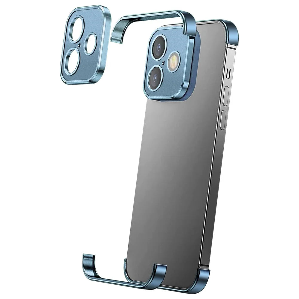 For iPhone 16 Frameless Case Titanium Alloy Phone Corner Pad Bumper Cover with Camera Lens Protector - Blue - 1