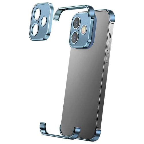For iPhone 16 Frameless Case Titanium Alloy Phone Corner Pad Bumper Cover with Camera Lens Protector - Blue - 1