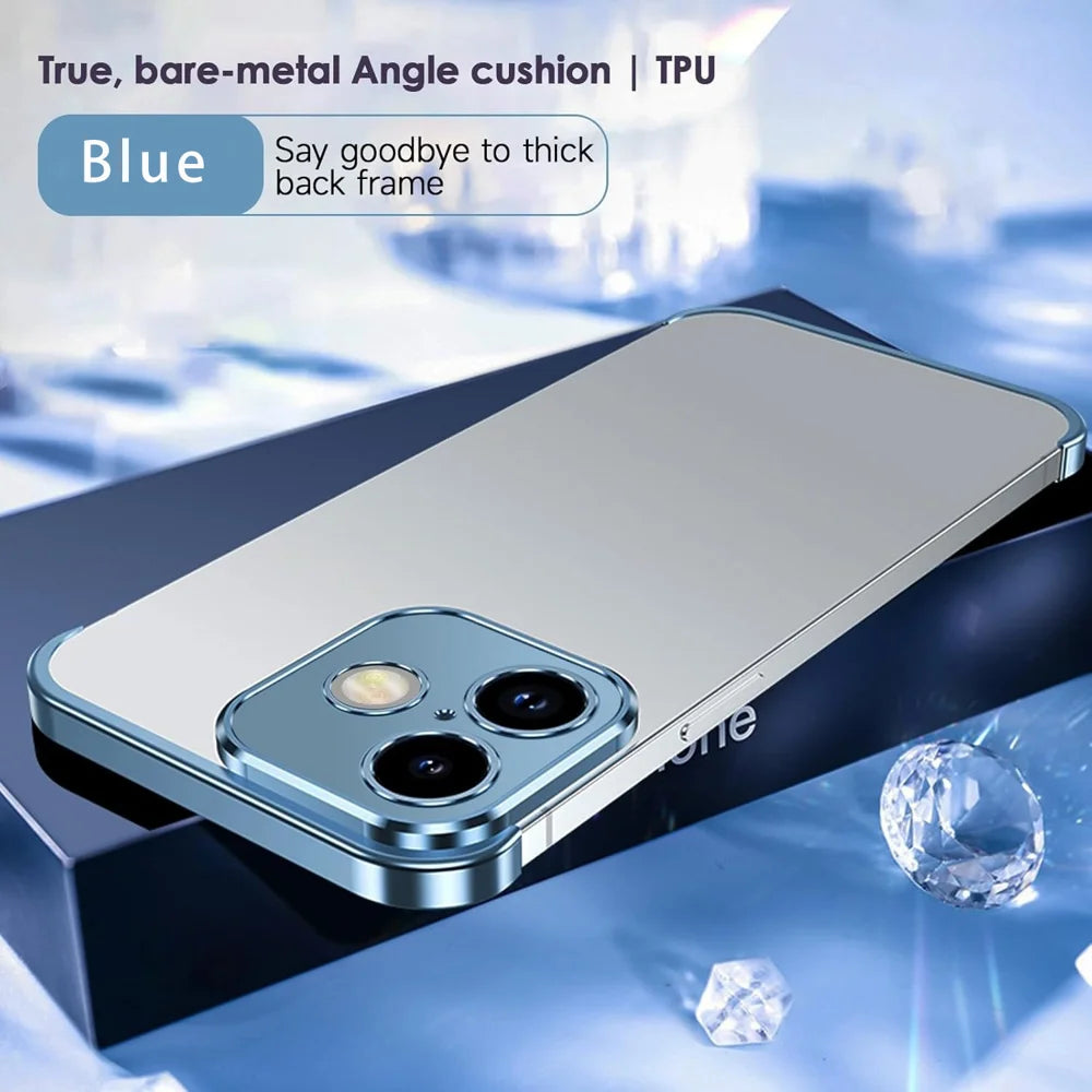 For iPhone 16 Frameless Case Titanium Alloy Phone Corner Pad Bumper Cover with Camera Lens Protector - Blue - 4