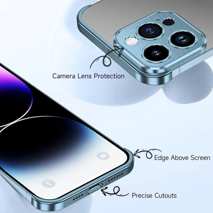 For iPhone 13 Pro Frameless Case Titanium Alloy Phone Corner Pad Bumper Cover with Camera Lens Protector - Blue - 5