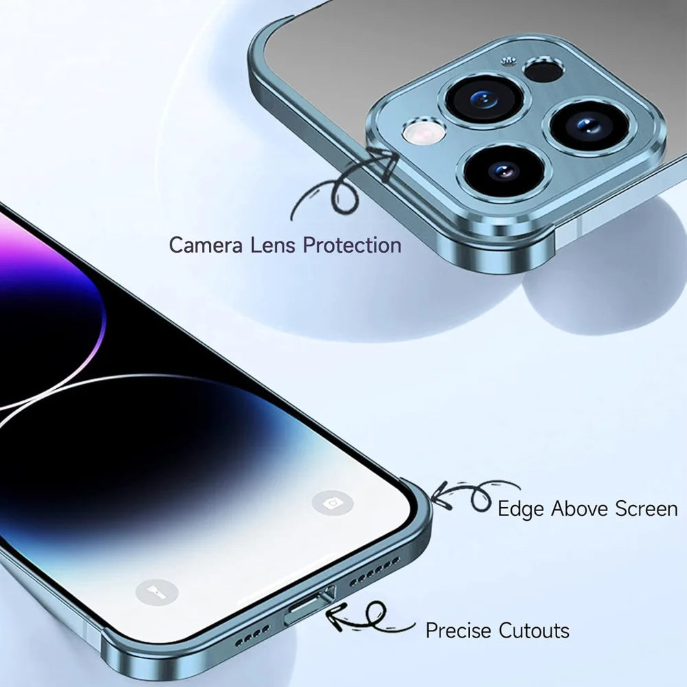 For iPhone 14 Pro Max Frameless Case Titanium Alloy Phone Corner Pad Bumper Cover with Camera Lens Protector - Blue - 5